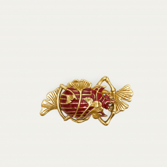 Golden Beetle, Ginko Leaves and Burgundy Resin Brass Barbara Brooch