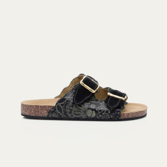 Black Printed Bandana Nappa Leather Odette Sandals