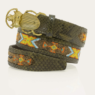 Ceinture Python Kaki Perles Scarabée Or