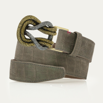 Ceinture Nubuck Embossé Croco Gris Perle Noeud Mixé Or Et Argent