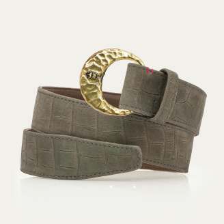 Ceinture Nubuck Embossé Croco Gris Perle Demi Lune Or